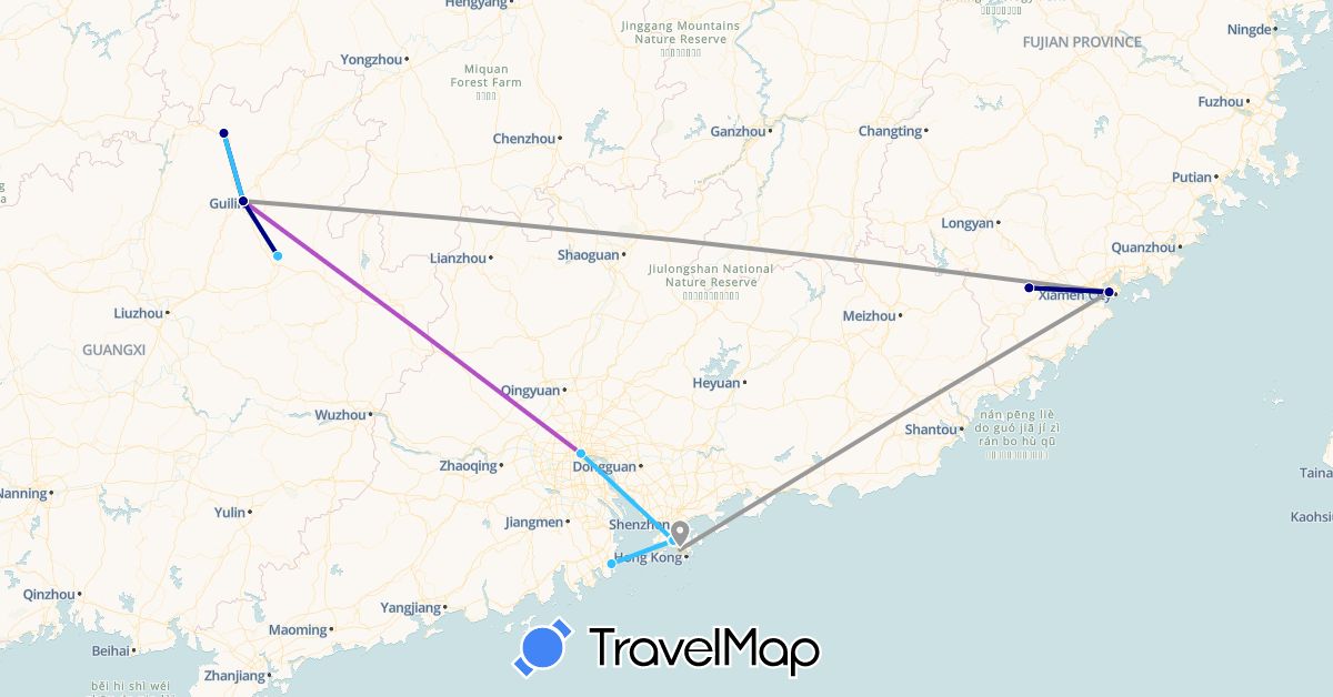 TravelMap itinerary: driving, plane, train, boat in China, Hong Kong, Macau (Asia)